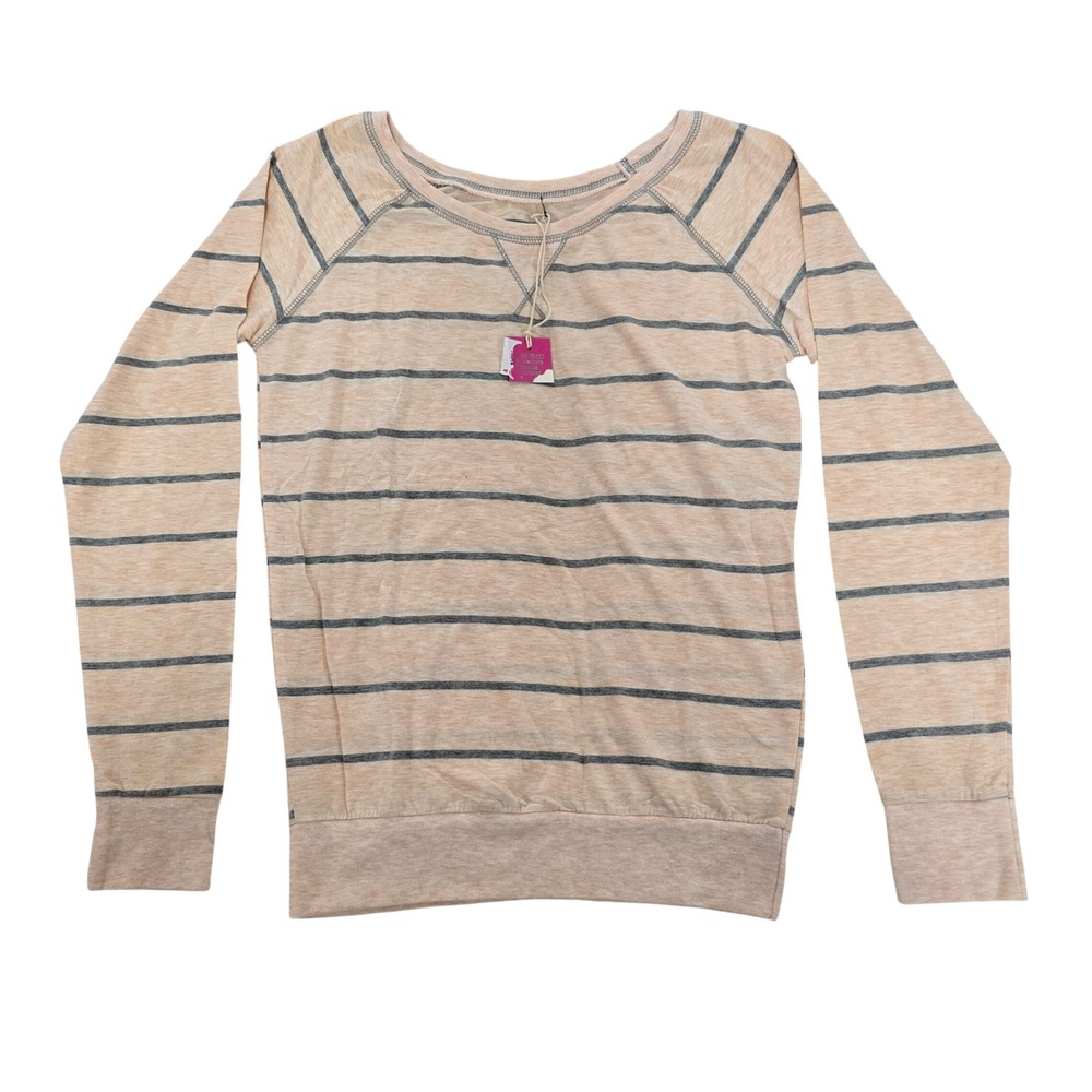 Poof! Womens Peach‎ Grey Striped Long Sleeve Scoop Neck Top NWT Size L